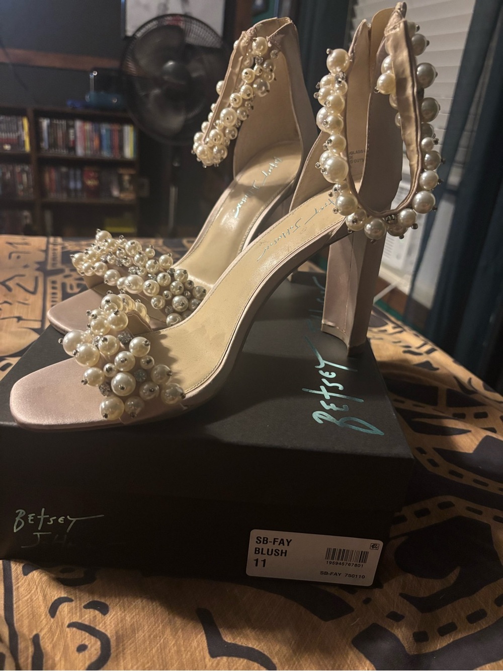 Betsey Johnson Blush Pearl Embellished Block Heel Sandals